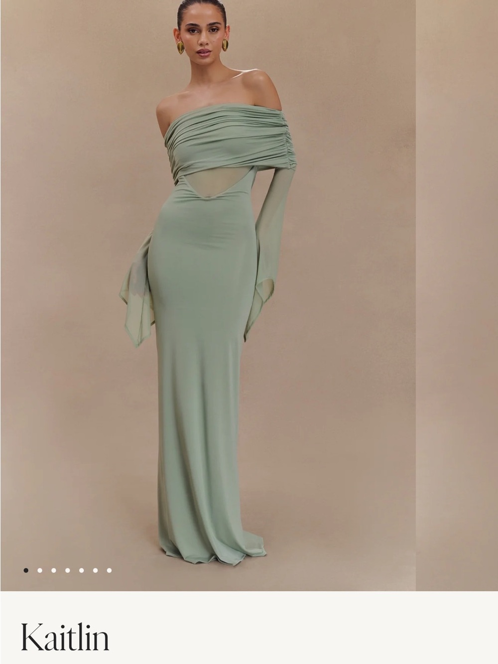 Meshki Sage Off-Shoulder Long Sleeve Evening Gown
